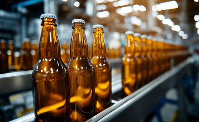 A row of amber glass bottles on an assembly line in a brewery, showcasing the manufacturing and production process.
