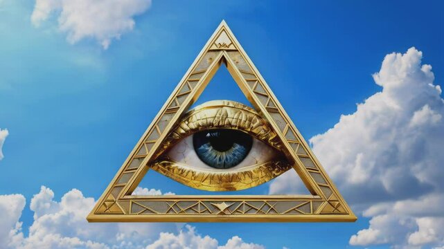 A golden triangle featuring an all-seeing eye hovers in a bright blue sky with clouds, symbolizing mystery, power, and ancient knowledge. Ideas of secret societies, the Illuminati, masonic symbol.
