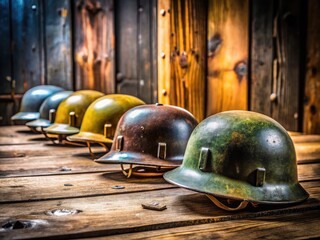 Fototapeta premium Authentic World War II German Helmets Displayed on a Rustic Wooden Table for Historical Reflection