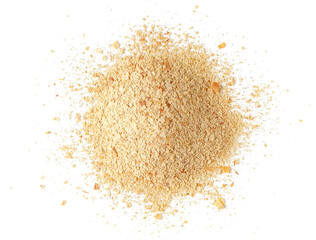 Nutritional yeast pile (deactivated yeast) isolated on white, top view