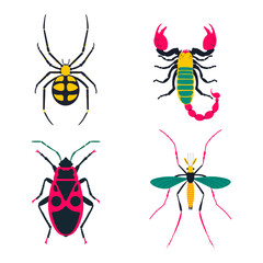 Cute colorful insects. Black widow spider, scorpion, firebug, mosquito. Vector illustration set of icons.