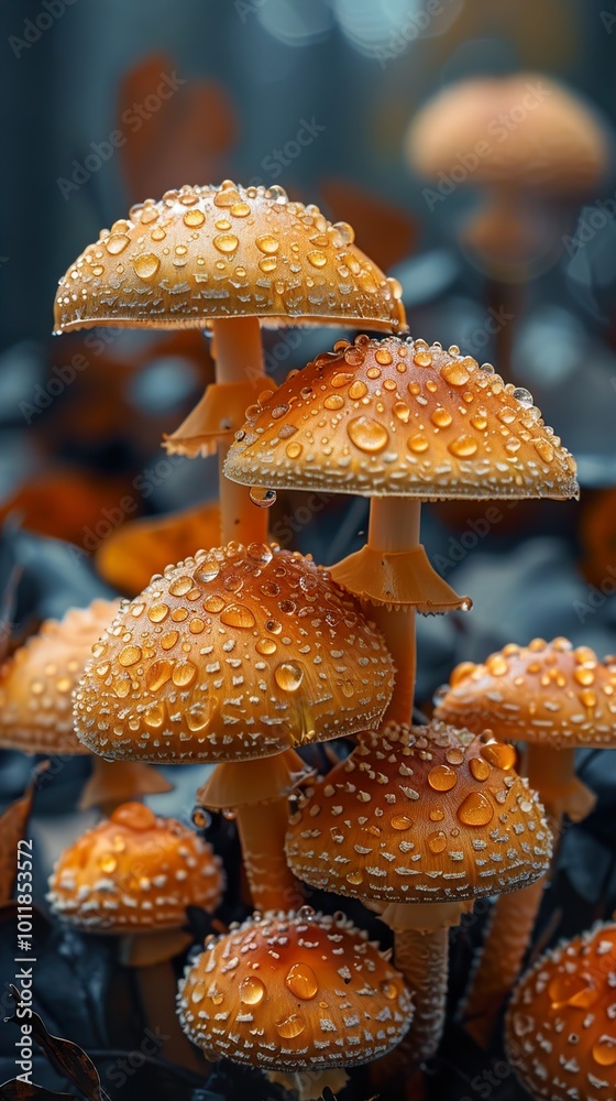 Canvas Prints Close-Up of Dew-Covered Mushrooms in a Forest