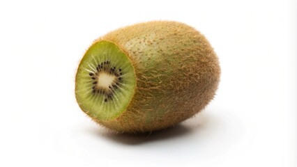 Obraz premium A whole kiwi fruit with half cut away to reveal its green flesh and black seeds, isolated on a white background.