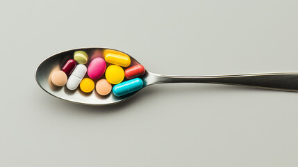 Close-up of a spoon filled with a variety of colorful pills and tablets on a plain background, symbolizing medication and health.
