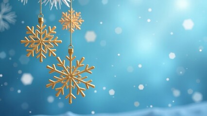 Golden snowflakes on a blue background with bokeh.