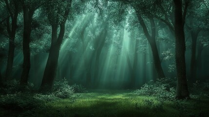 Fototapeta premium Mystic Forest with Sunlight Beams and Green Foliage