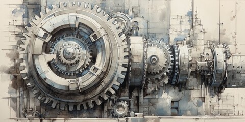 Fototapeta premium Design Process for Gear-Inspired Art: Depict an artist's workspace filled with sketches, materials, and gear designs, showcasing the creative process behind mechanical ar