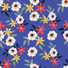 blue seamless vector stock flowers with leaves pattern on cream background