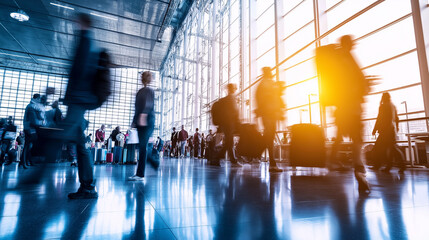 Blurred motion of people walking in a bright, busy airport terminal with sunlight streaming through large windows.