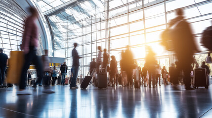 Blurred motion of people walking in a bright, busy airport terminal with sunlight streaming through large windows.