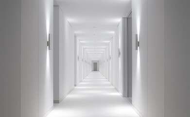 Obraz premium Bright, endless futuristic white corridor with lights and symmetrical design.