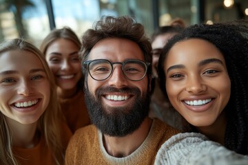 Diverse team taking a group selfie during seminar or workshop, Generative AI