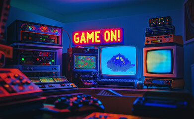 Neon-lit gaming setup with retro consoles, controllers, and a glowing "Game On!" sign, representing gaming culture.