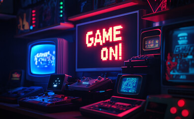 Neon-lit gaming setup with retro consoles, controllers, and a glowing "Game On!" sign, representing gaming culture.