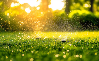 Obraz premium Lawn sprinklers spraying water on fresh green grass, capturing a sunny garden scene with water droplets sparkling.