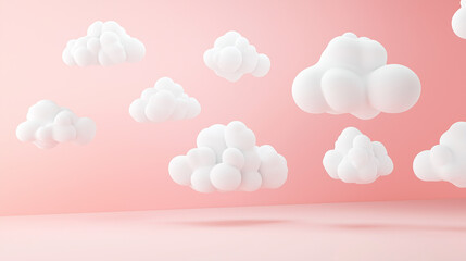 Fototapeta premium Paper clouds on a pastel pink background, representing creativity, imagination, and minimalistic design.