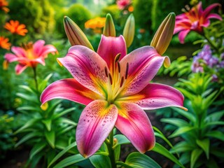 Fototapeta premium Beautiful blooming lily in a serene garden setting showcasing delicate petals and vibrant colors