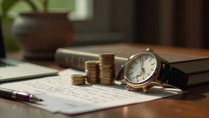 Coins, diary, watch and books.