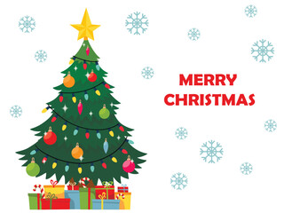 Decorated christmas tree with gift boxes, star, lights, decoration balls. Merry Christmas and a happy new year. Flat vector illustration.