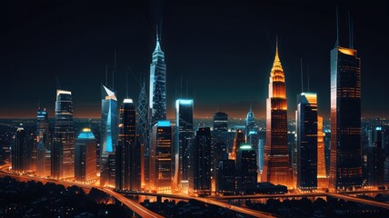 Obraz premium An aerial view of a modern city skyline at night, with skyscrapers illuminated in blue and orange lights.