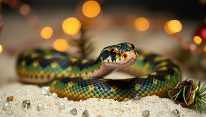 Fototapeta premium Snake and Christmas tree background.