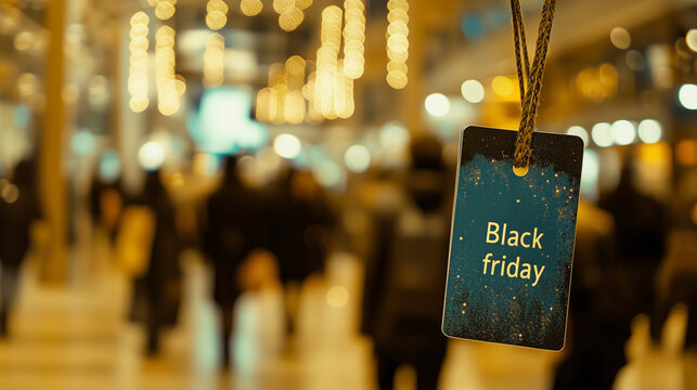 close up of a teal sales tag Black friday, busy department store in the background, twinkling lights