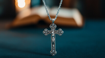 Close-up of an ornate crucifix necklace charm glistening in candlelight with a Bible in the background 