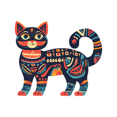 Fototapeta premium Cute cat flat vector illustration of an animal in the style of Aztec art