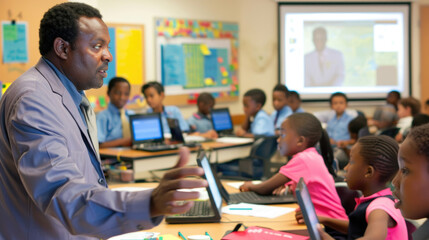 Engaged Teacher Leading a Diverse Classroom with Students Using Laptops for Interactive Learning