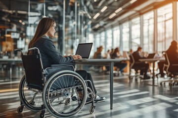 Wheelchair User in Modern Open Space Office, Inclusive Environment with Colleagues