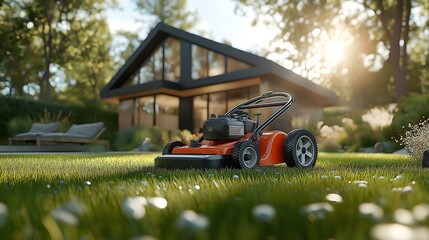 Lawn mower in a beautiful garden setting