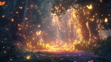 Enchanted Forest with Butterflies and Glowing Light