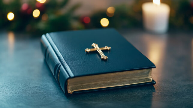 Holy Bible open with a cross pendant resting on pages festive candle glow in the background 