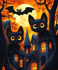 Illustration of black kittens and bats in a haunted village under a full moon