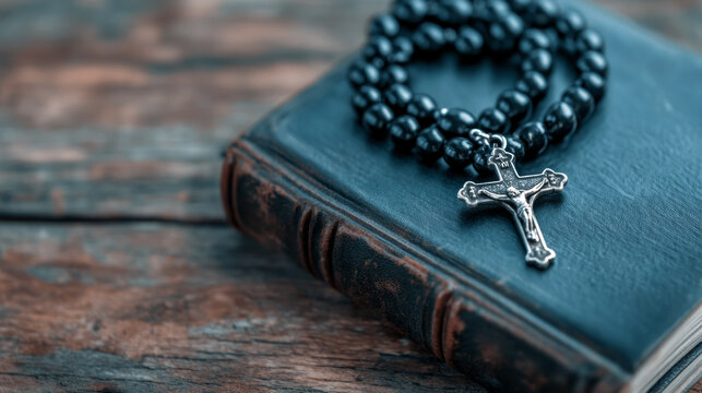 Rosary beads with silver cross charm lying on an old leather Bible, placed on a rustic wooden table 
