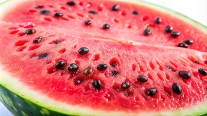 A close-up of a sliced watermelon, showcasing its juicy red flesh and black seeds.