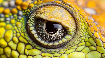 Fototapeta premium Close-up of a reptile’s eye with a green and yellow iris, capturing the intricate details and textures of the animal's gaze.