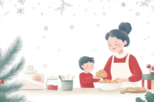 smiling woman baking cookies with boy at kitchen table with ingredients and festive christmas atmosphere. family celebration of holidays, bonding. cute flat illustration for greeting card or poster
