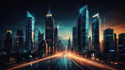 A futuristic city skyline with glowing skyscrapers and a highway with speeding cars.