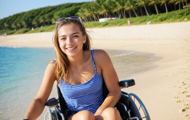 Happy young woman in a wheelchair enjoying the beach, promoting beach accessibility and inclusive holidays for handicapped individuals.
