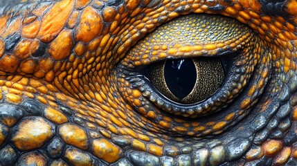 Fototapeta premium Close-up of a reptile's eye with detailed texture, capturing the intricate scales and vibrant colors in an intense gaze.