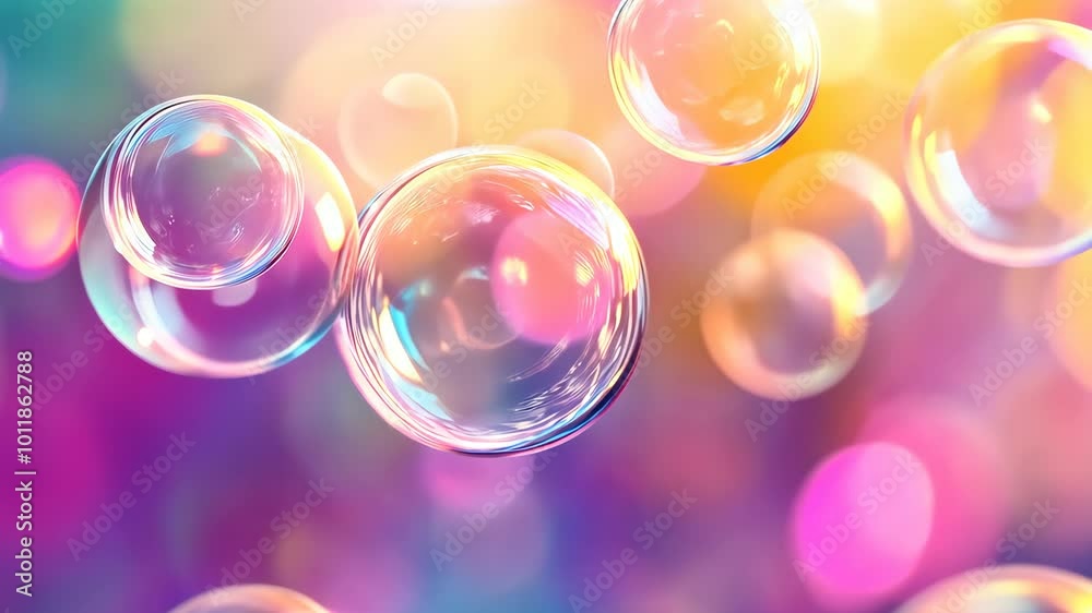 Poster soap bubbles floating against colorful bokeh background, dreamy and playful vibe