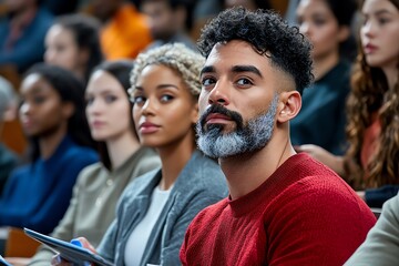 Obraz premium A group of diverse people gathered in a high-tech classroom, learning through holographic displays and digital tools, symbolizing the future of education and humanistic growth