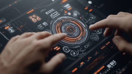 futuristic banking interface projected in mid-air, with a person's hand interacting with it. Payment and investment in the bank, banking the future. Poster, banner