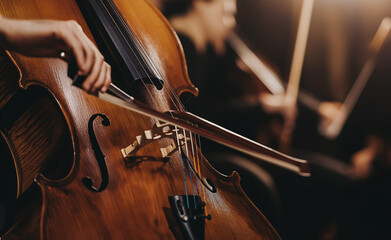 Fototapeta premium A close-up of a cellist playing the cello during a live orchestral performance.