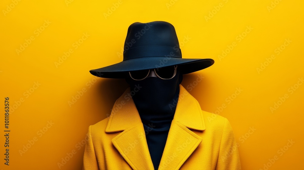 Poster A woman in a yellow coat and hat is standing in front of a yellow wall