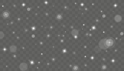 Tiny flying snow flakes illustration. Snowstorm dust freeze shapes. Snowfall sky white transparent wallpaper. Flat snowflakes january vector. Snow hurricane landscape.