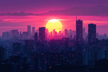 Fototapeta premium Minimalist Vector Art of a Cityscape at Sunset with Soft Hues and Clean Lines