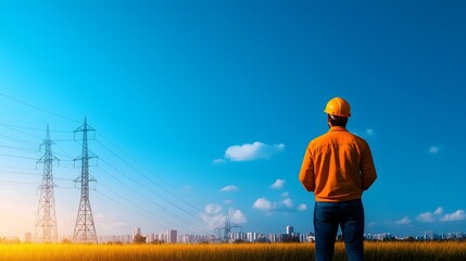 Worker observing power lines in a field