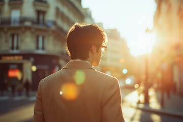 A man with dark hair and glasses, wearing an unbuttoned beige blazer, walks along the street The cityscape is blurred around him as he turns his head to look at something across the road Generative AI